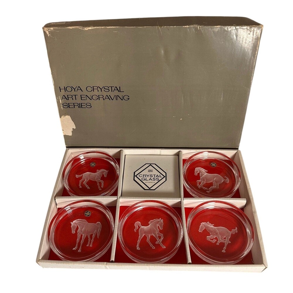 Hoya Japan Reverse Etched Crystal Horse Wine Bottle Coaster Set of 5